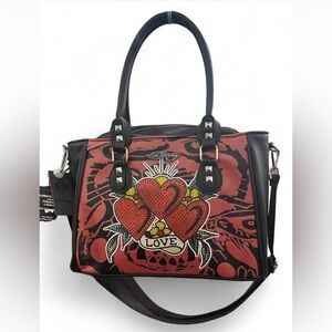 Ed Hardy Black/red leather insulated lunch tote w/ rhinestone hearts design